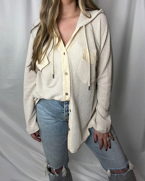 Way Too Cozy Waffle Knit Button Down in Bone