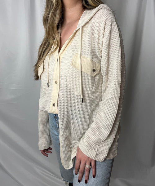 Way Too Cozy Waffle Knit Button Down in Bone